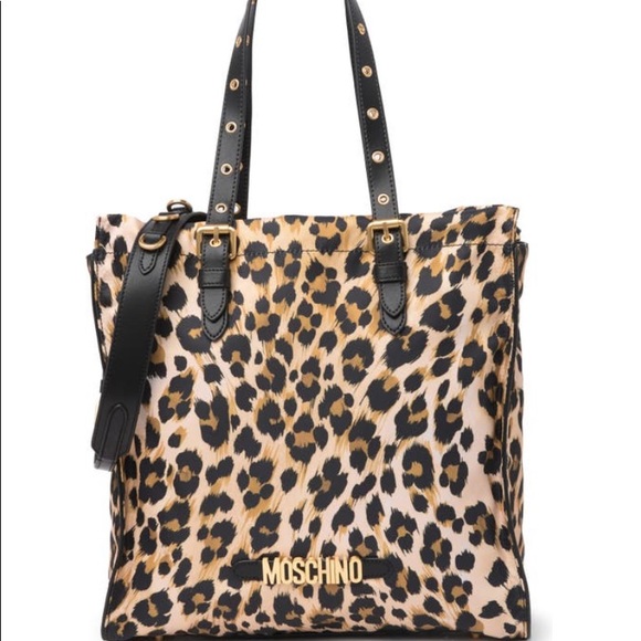 SOLD⛔️Authentic MOSCHINO leather/cotton cheetah print top zip tote/Crossbody - Picture 6 of 16